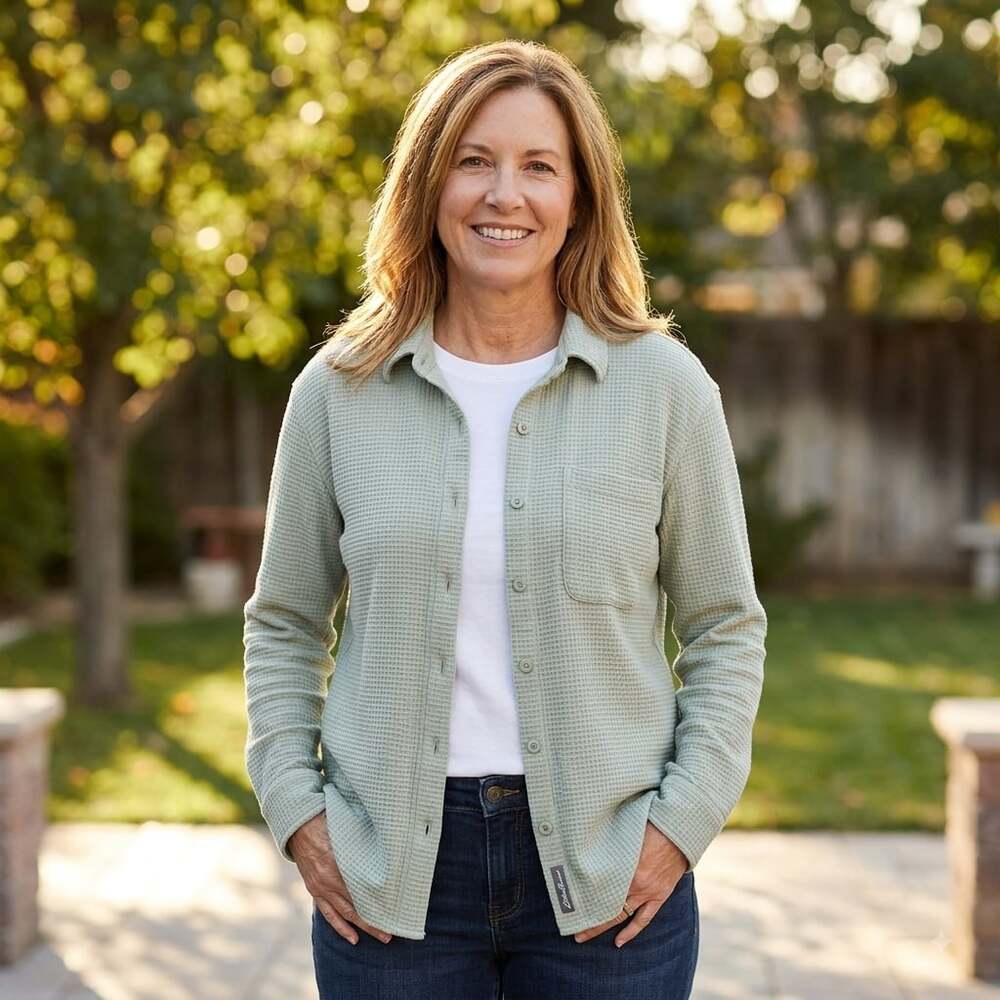 Eddie Bauer women's waffle knit button-down shirt in a light sage green color.